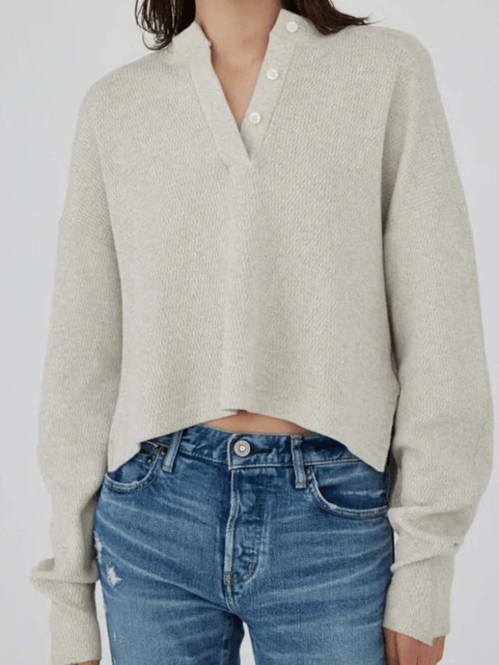 MOUSSY 2PC VINTAGE LONG SLEEVE BUTTON UP CROPPED SWEATSHIRT TOP - SOFT GRAY XS